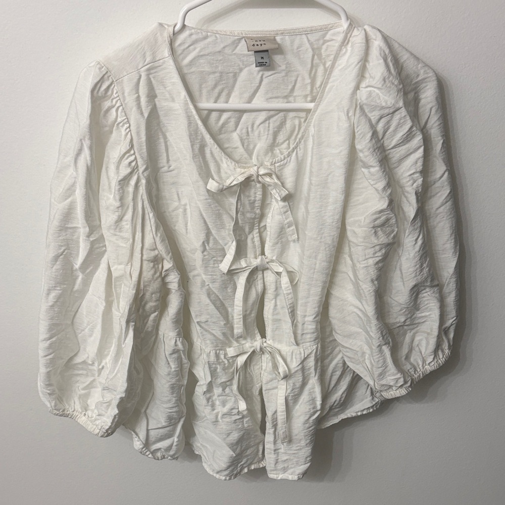 a new day White Blouse with Bow Accents